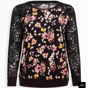 Torrid Sweater Top Womens 3X Black Pink Yellow Floral Black Sheer Lace Sleeves